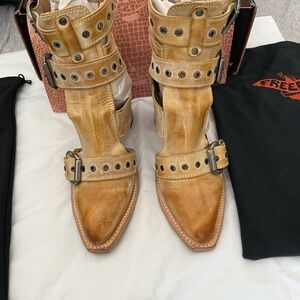 freebird Tan Leather Strappy Pointed-Toe Heeled Boots